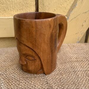 Vintage Wood Carved Cute Face Mug Boho Bar Tiki